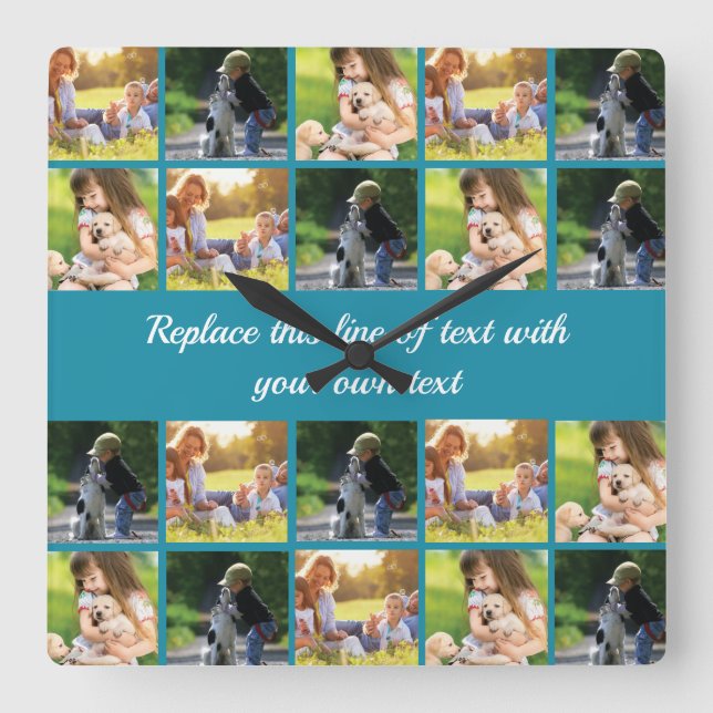 Personalise photo collage and text square wall clock (Front)