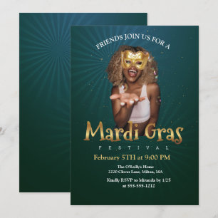 Personalise Photo Gold Masquerade Mask Mardi Gras Invitation