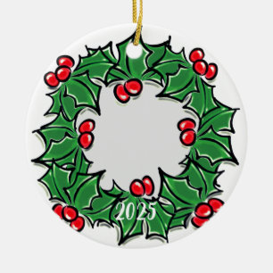 Personalise photo Holly Leaves berries Christmas  Ceramic Tree Decoration