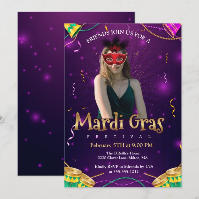 Personalise Photo Red Masquerade Masks Mardi Gras  Invitation (Front/Back)