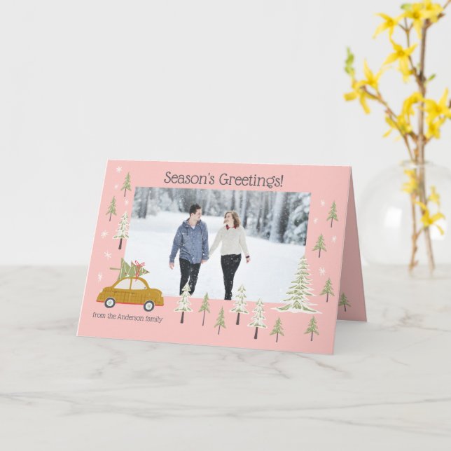 Personalise Photo Retro Woodland Pink Christmas  Card (Yellow Flower)