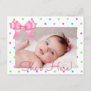 Personalise Photo "She's Here" Birth Announcement Postcard