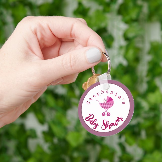 Personalise Pink Carriage Baby Shower Favour  Key Ring (Hand)