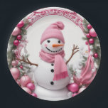 Personalise: Pink Christmas Snowman Paper Plate<br><div class="desc">Personalise: Pink Christmas Snowman</div>