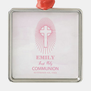 Personalise, Pink First Holy Communion Cross Host Metal Tree Decoration
