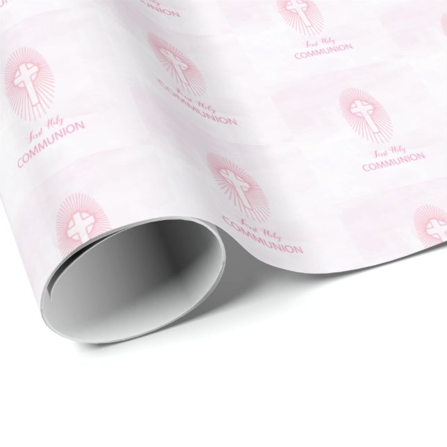 Personalise, Pink First Holy Communion Cross Host Wrapping Paper (Roll Corner)
