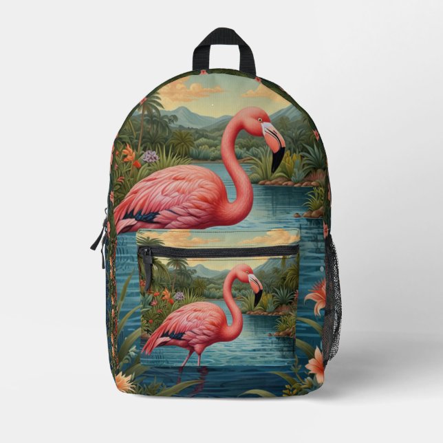 Personalise Pink flamingo Printed Backpack (Front)