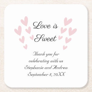 Personalise Pink Heart Love Is Sweet Wedding Square Paper Coaster