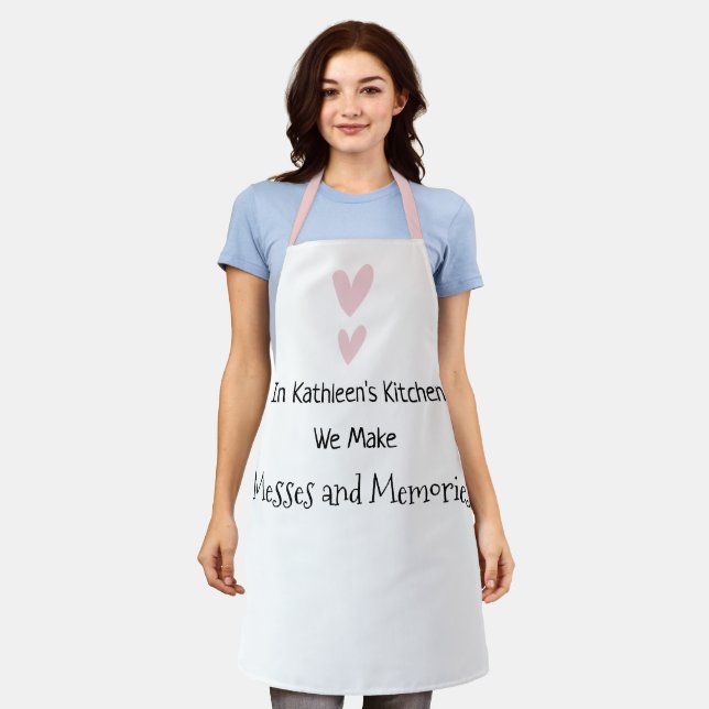 Personalise Pink Heart Messes Memories Mum Grandma Apron (Worn)