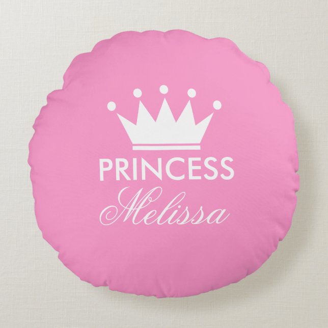 Personalise pink princess crown round throw pillow (Front)
