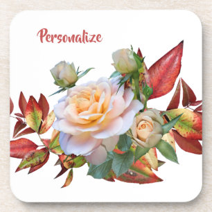 Personalise Pink Rose Autumn Red Leaves Coaster