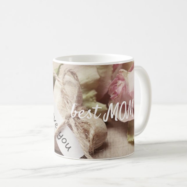 Personalise Pink Roses with Heart Design Coffee Mug (Front Right)