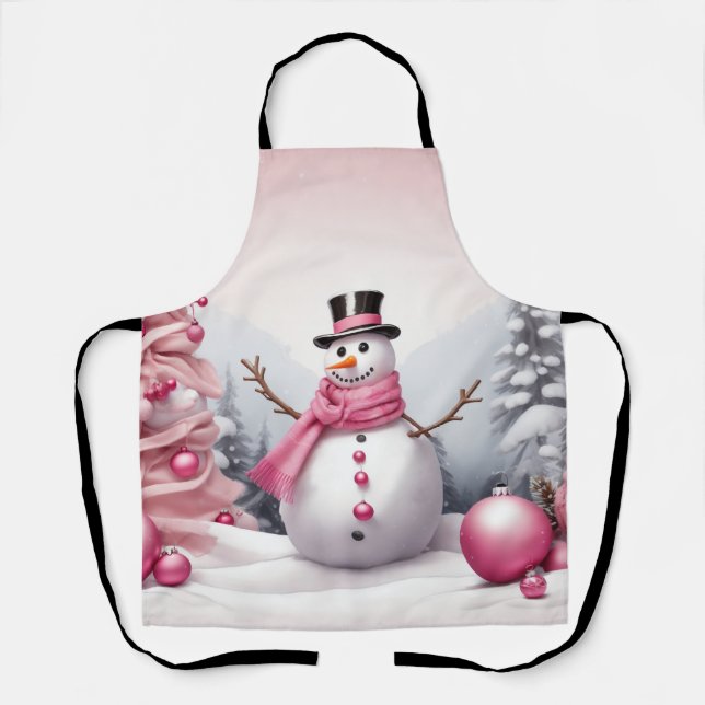 Personalise: Pink Theme Christmas Tree & Snowman Apron (Front)