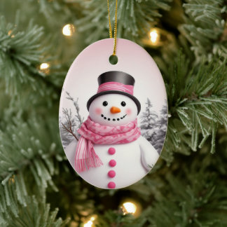 Personalise: Pink Theme Xmas Snowman Ceramic Tree Decoration