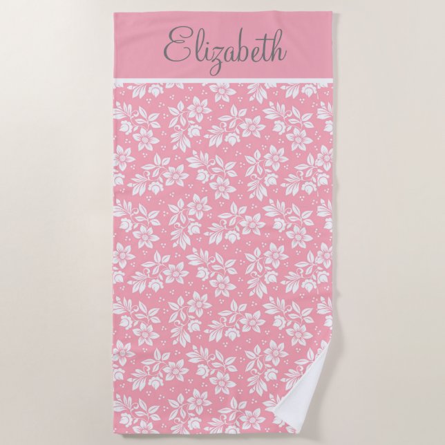 Personalise Pink White Grey Floral Beach Towel (Front)