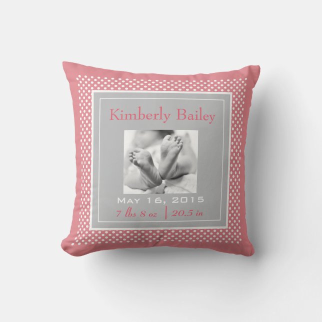 Personalise Polka Dots Nursery Birth Announcement Cushion (Front)