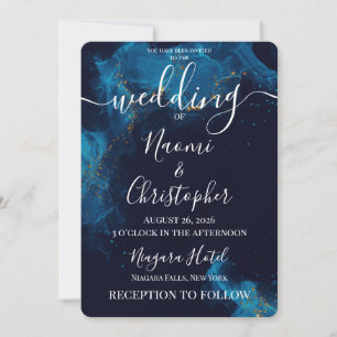 Personalise: Pretty Dark Blue Alcohol Ink Wedding Invitation