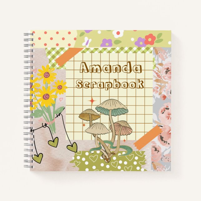 Personalise pretty vintage scrapbooking Mushrooms Notebook (Front)