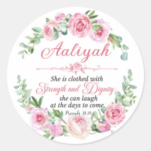 Personalise Prov 31:25 Mother's Day Pink Rose Classic Round Sticker
