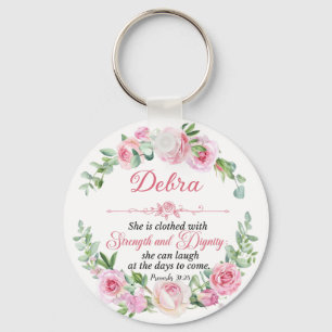 Personalise Prov 31:25 Mother's Day Pink Rose Key Ring