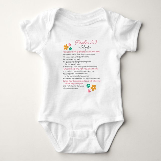Personalise Psalm 23-NIV Bible Scripture Flowers Baby Bodysuit (Front)