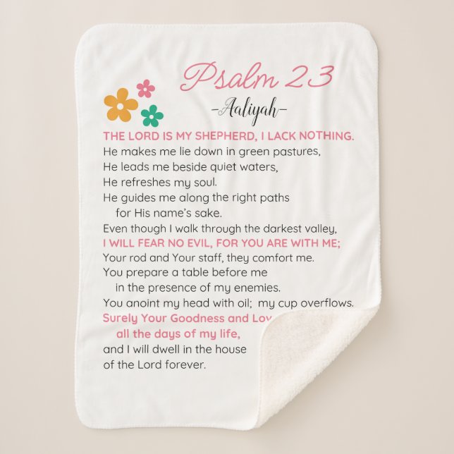 Personalise Psalm 23-NIV Bible Scripture Flowers Sherpa Blanket (Front)