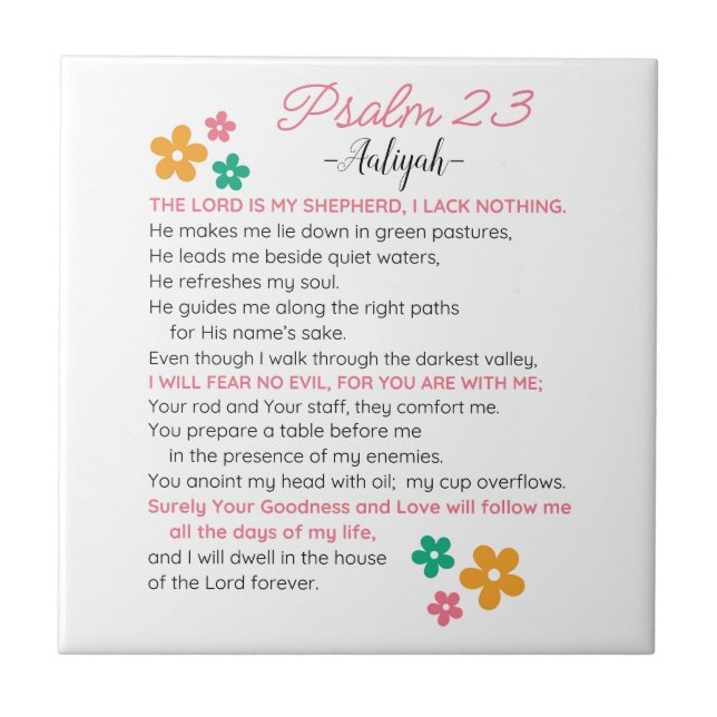 Personalise Psalm 23-NIV Bible Scripture Flowers Tile (Front)