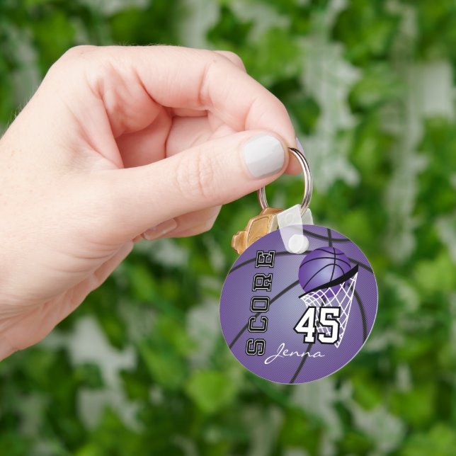 Personalise Purple Basketball - Print Both Sides Key Ring (Hand)