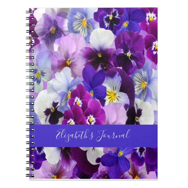 Personalise Purple Blue White Floral Pansy Flowers Notebook (Front)