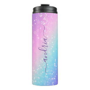 Personalise Purple Script Name on Bokeh Stars Thermal Tumbler