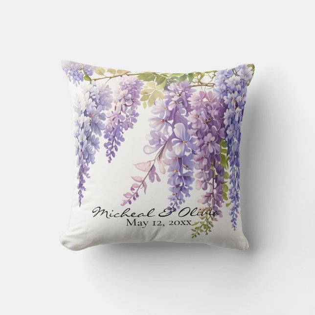Personalise purple watercolor wisteria floral  cushion (Front)