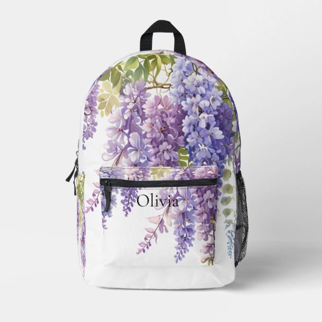 Personalise purple watercolor wisteria floral  printed backpack (Front)