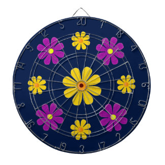Personalise, purple yellow flowers on dark blue dartboard