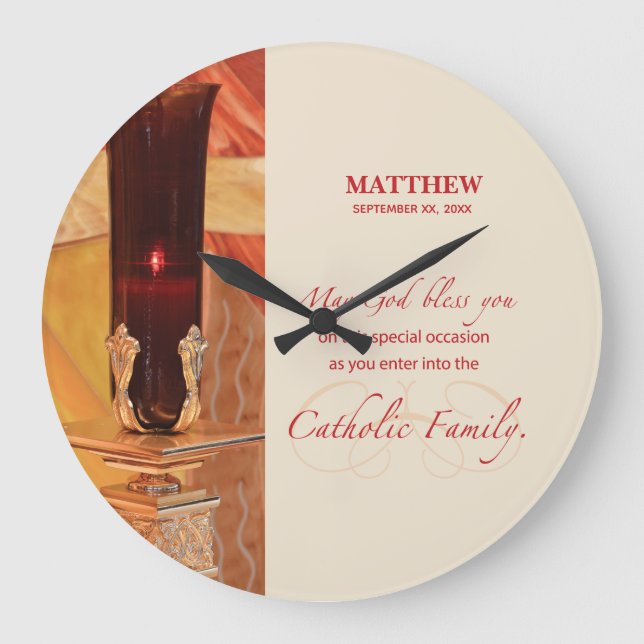 Personalise, RCIA Congratulations, Catholic, Red Large Clock (Front)