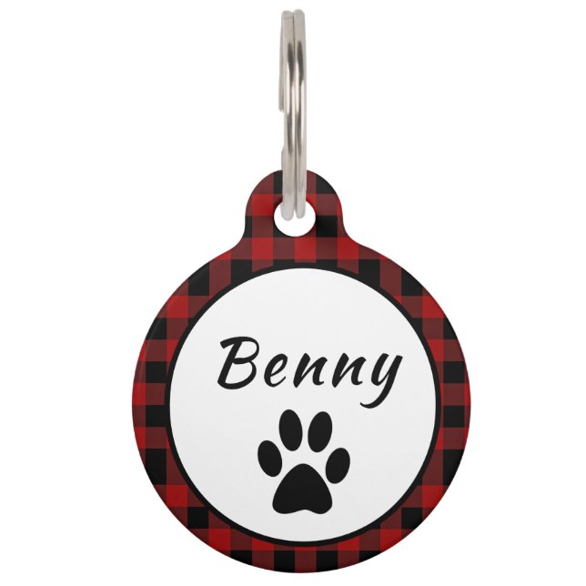 Personalise Red and Black Buffalo Plaid  Pet Tag (Front)