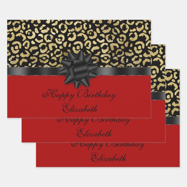 Personalise Red Black Gold Leopard Print Elegant  Wrapping Paper Sheet (Set)