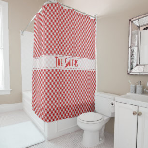 Personalise: Red Gingham Check Diagonal Pattern Shower Curtain