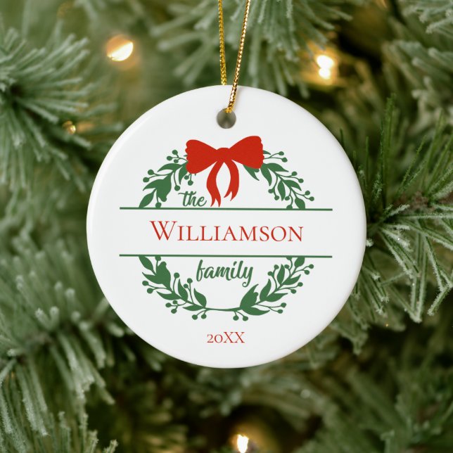 Personalise Red Green Wreath Family Name Christmas Ceramic Tree Decoration (Tree)