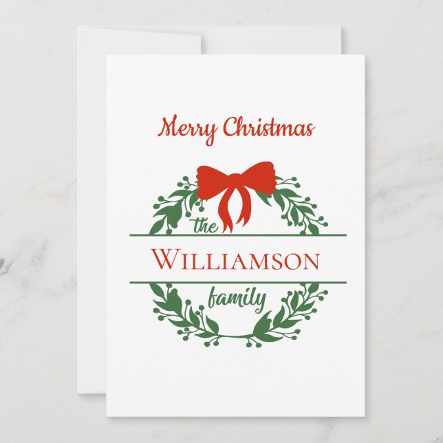 Personalise Red Green Wreath Family Name Christmas Holiday Card (Front)