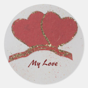 Personalise Red heart gold sparkle Valentine's Classic Round Sticker