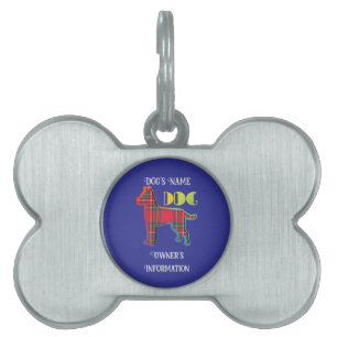 Personalise Red Plaid Deep Blue DOG Bone Pet ID Tag