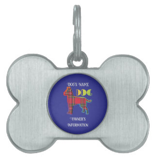 Personalise Red Plaid Deep Blue DOG Bone Pet ID Tag