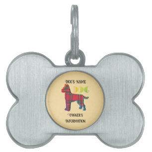 Personalise Red Plaid Pale Yellow DOG Bone Pet ID Tag