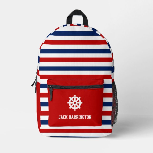 Personalise Red White Blue Nautical Stripes Rudder Printed Backpack (Front)