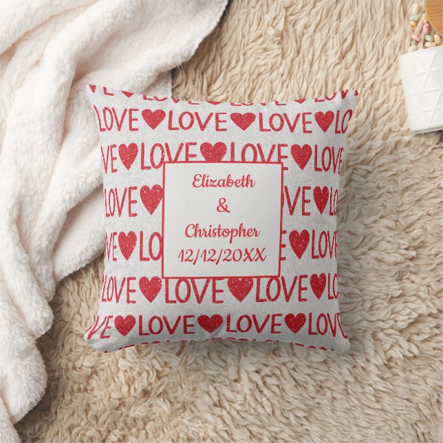 Personalise Red White Love Hearts Wedding Date Cushion (Blanket)