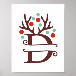 Personalise Reindeer Letter D Split Monogram Poster