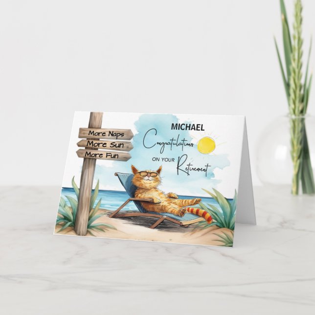 Personalise Retirement Congratulations Cat Relaxin Card (Front)