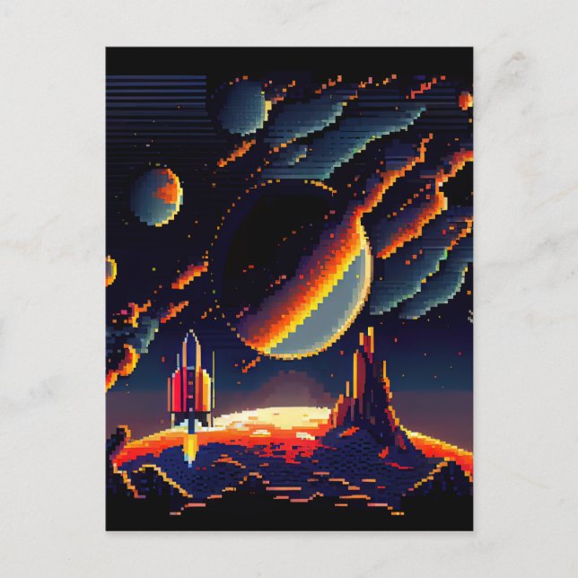 Personalise - Retro 8-Bit Pixel Space Rocket Postcard (Front)