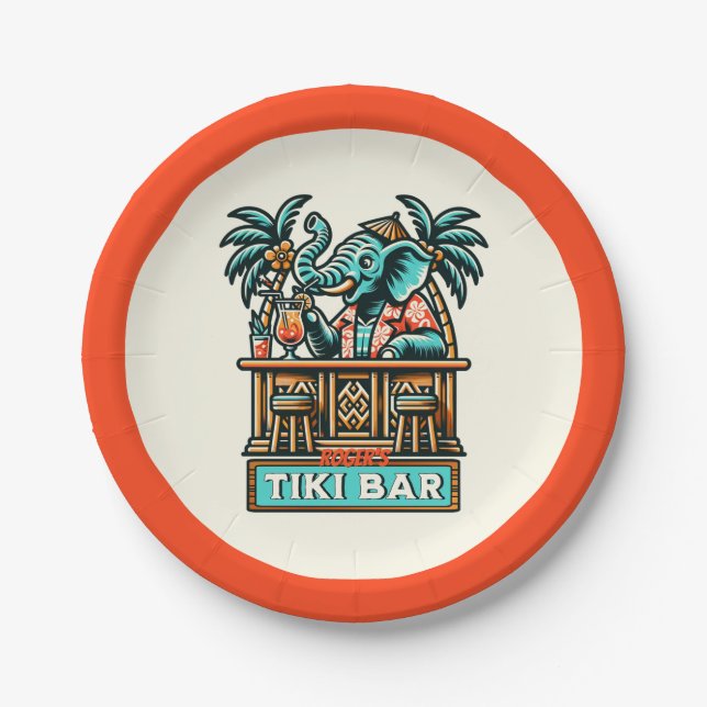 Personalise Retro Elephant Tiki Bar Paper Plate (Front)