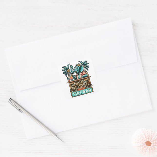 Personalise Retro Elephant Tiki Bar Square Sticker (Envelope)